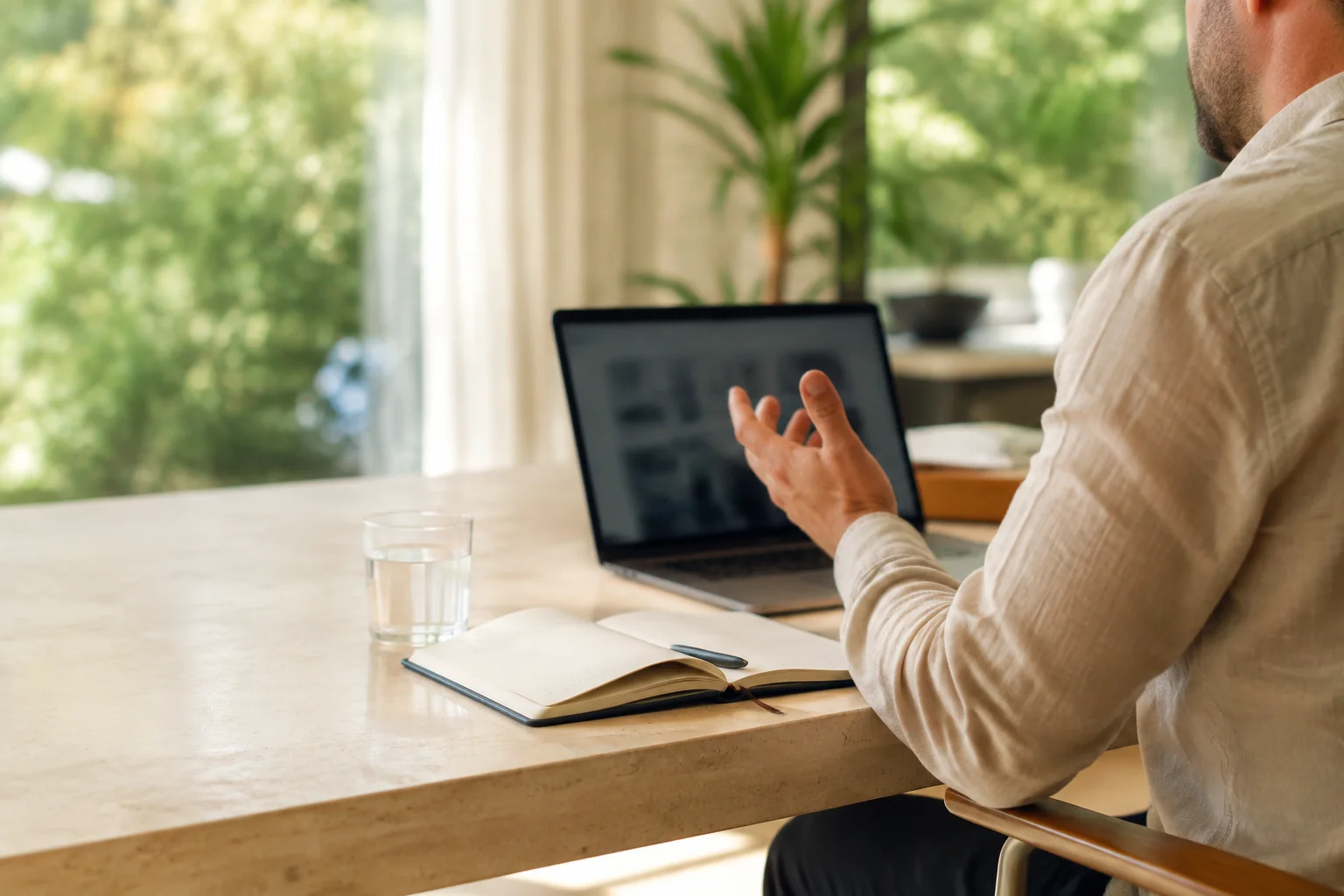 Illustrative Szene: konzentriertes Arbeiten an einem Laptop in einem hellen Büro